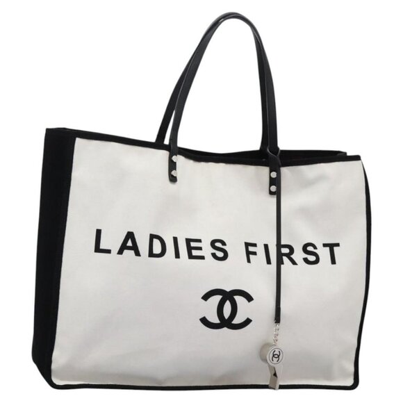 CHANEL Ladies First Tote Bag Canvas Black White CC Auth - Picture 1 of 15